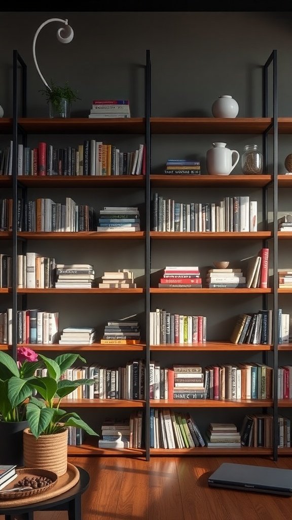 Stylish open shelving with books and kitchen items, showcasing organization and design.