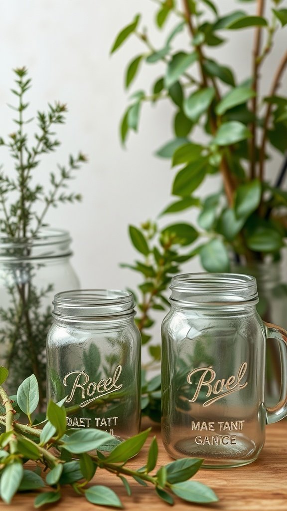 Mason jars with herbs and greenery on a kitchen counter