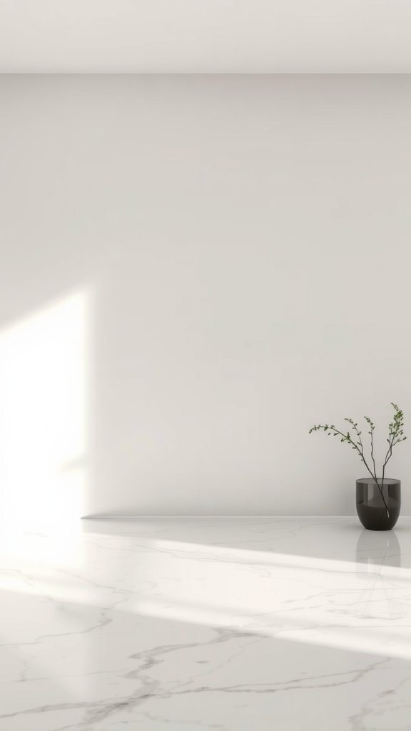 A minimalist kitchen with white walls and a single black planter.