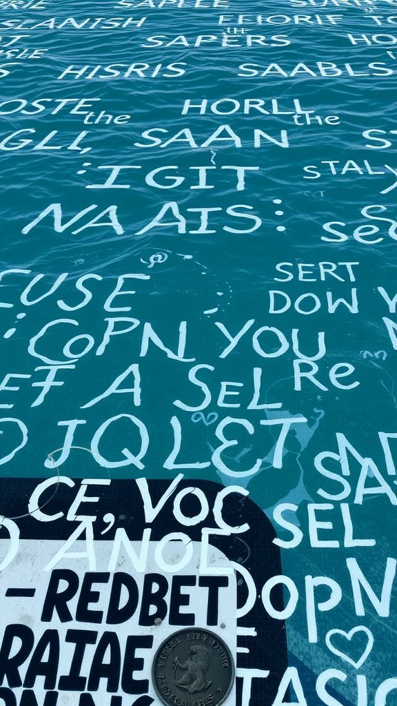 Pool surface with white letters floating on water