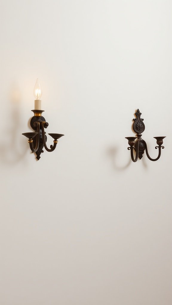 Decorative sconces with an antique finish on a neutral wall