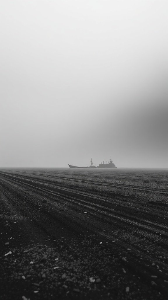 A black and white image of a ship in a misty environment, symbolizing calm and transitional spaces.