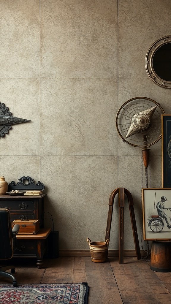 A cozy corner featuring vintage decor elements like an antique desk, wall art, and decorative objects, set against a softly textured wall.