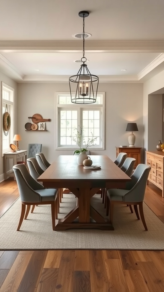 A large wooden dining table surrounded by comfortable chairs, with natural light coming through the windows.
