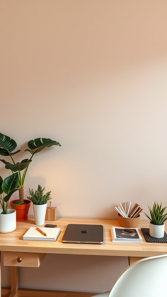 A cozy and aesthetic desk setup with plants and minimal accessories