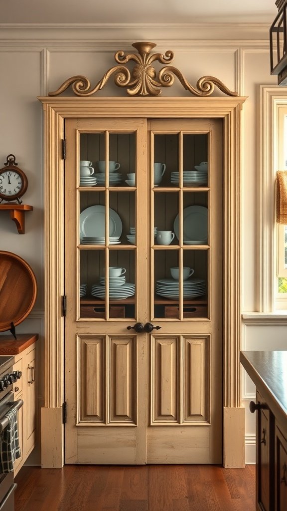 Antique pantry door with glass windows showcasing dinnerware