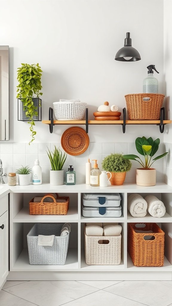 Organized bathroom counter with open shelving, plants, and decorative baskets