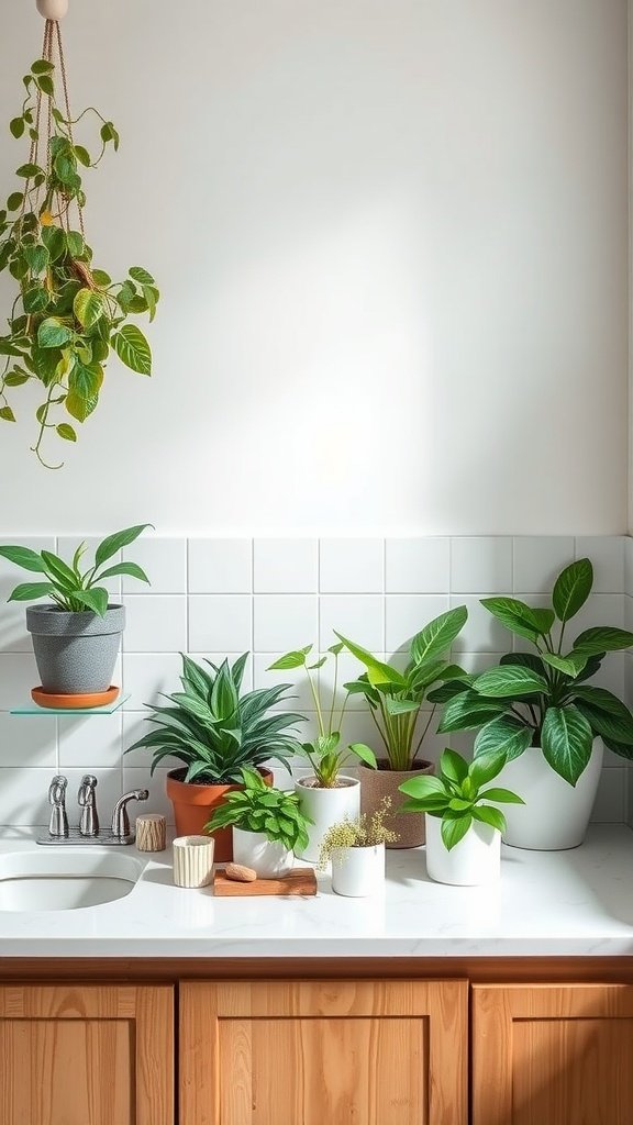 A variety of indoor plants on a bathroom countertop, adding greenery and a fresh look to the space.