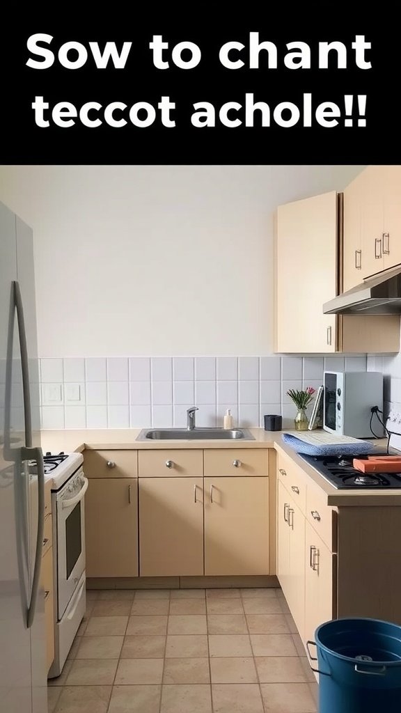 A plain kitchen with beige cabinets and standard appliances, looking uninspired and basic.