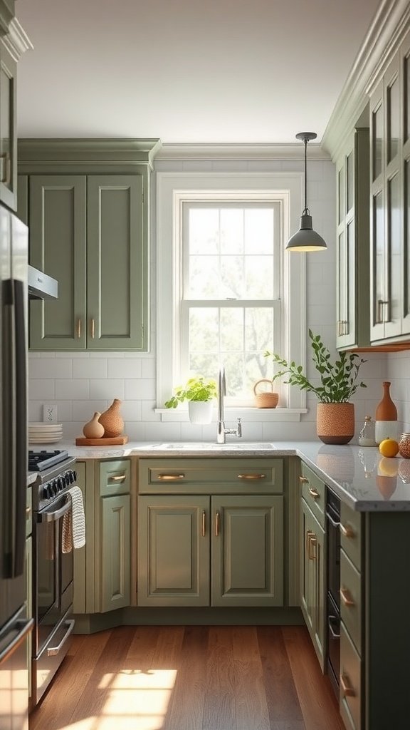 A kitchen featuring Benjamin Moore Sage Mountain cabinets with a bright ambiance