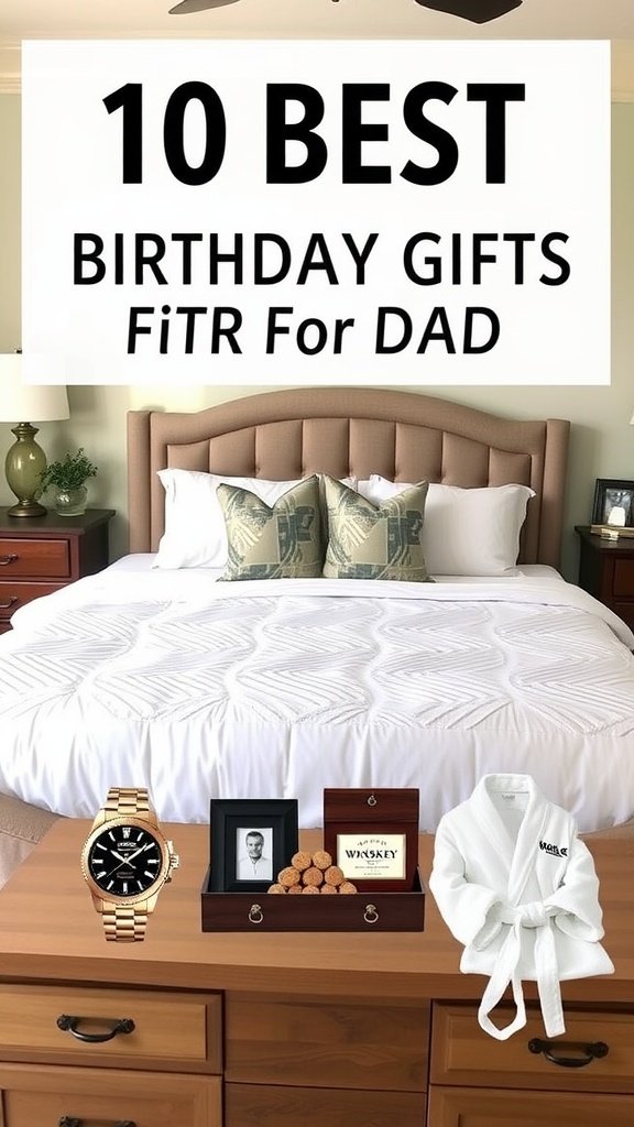 Cozy master bedroom with birthday gifts for dad, including a watch, photo frame, treats, and a bathrobe.