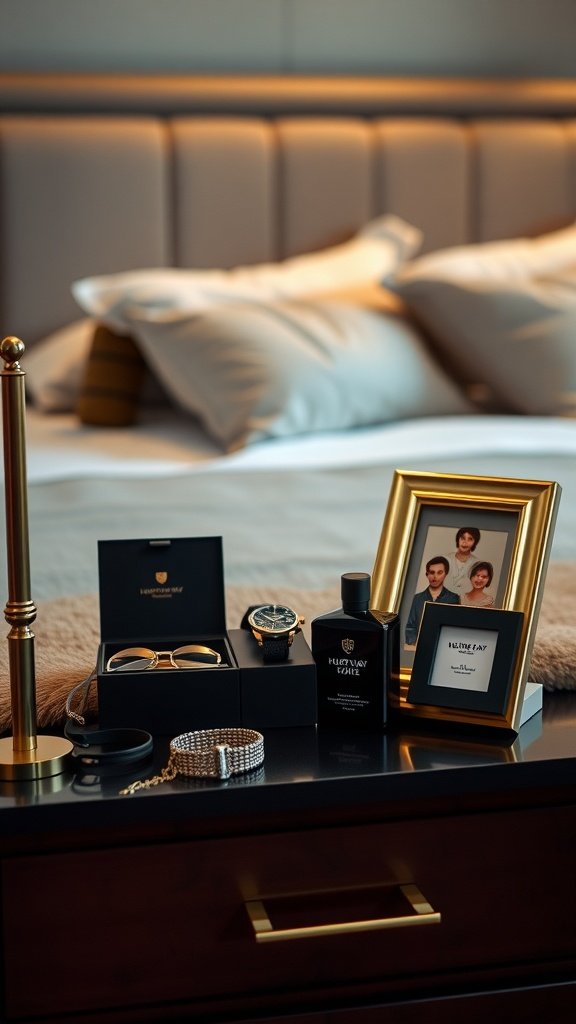 A stylish bedside table featuring a watch, sunglasses, a fragrance bottle, and a photo frame, embodying relaxation and elegance.