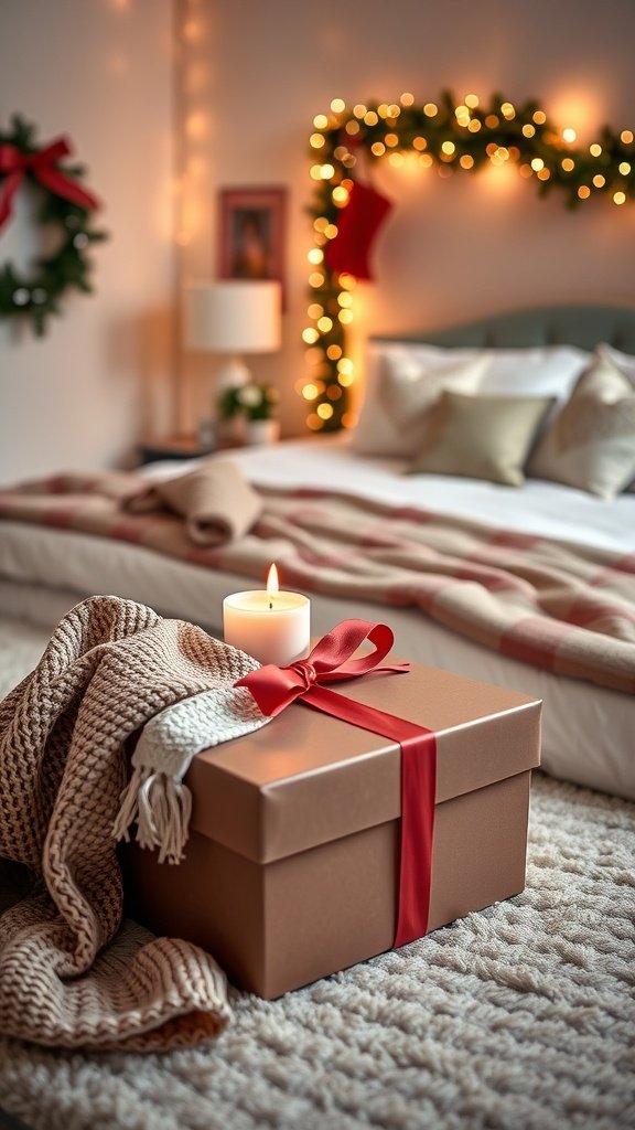 A cozy master bedroom with a gift box, festive decorations, and a candle.
