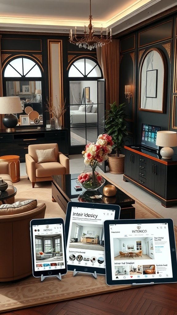 A chic living room featuring Art Deco elements with contemporary decor, including tablets showing interior design apps.
