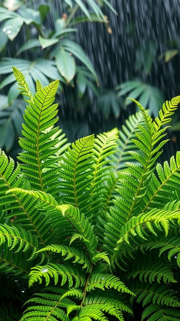 Close-up of Bird's Nest Fern with raindrops on leaves