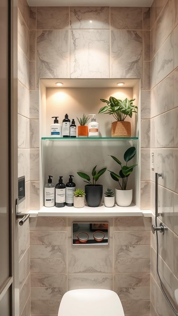 A small bathroom featuring a built-in storage niche with shelves displaying toiletries and plants.