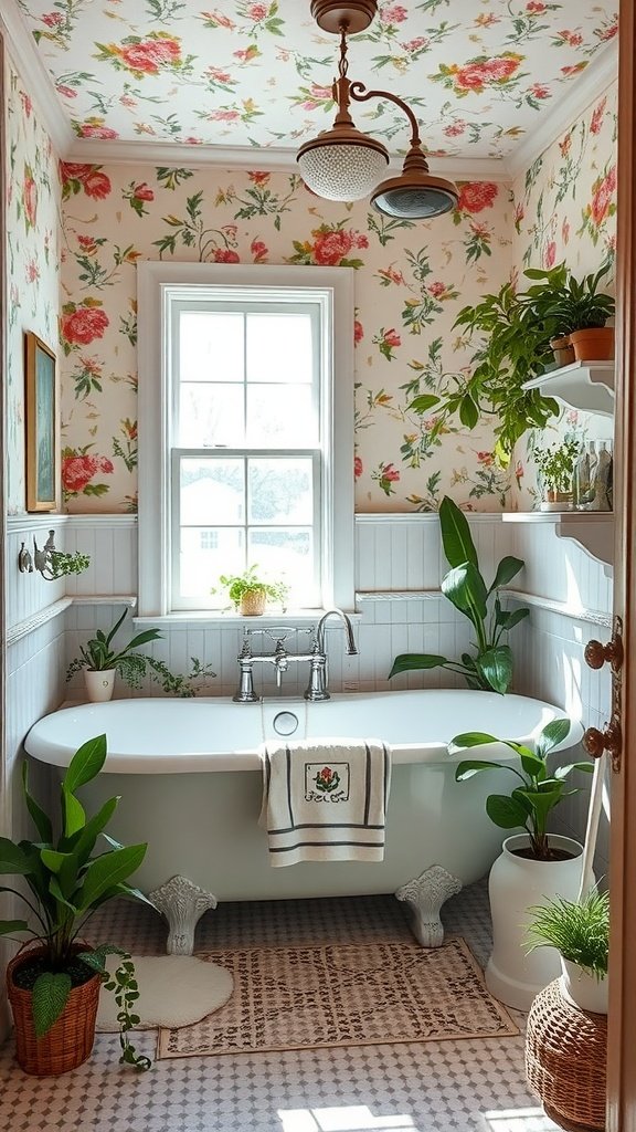 A cozy cottage bathroom with floral wallpaper, a freestanding bathtub, and indoor plants.