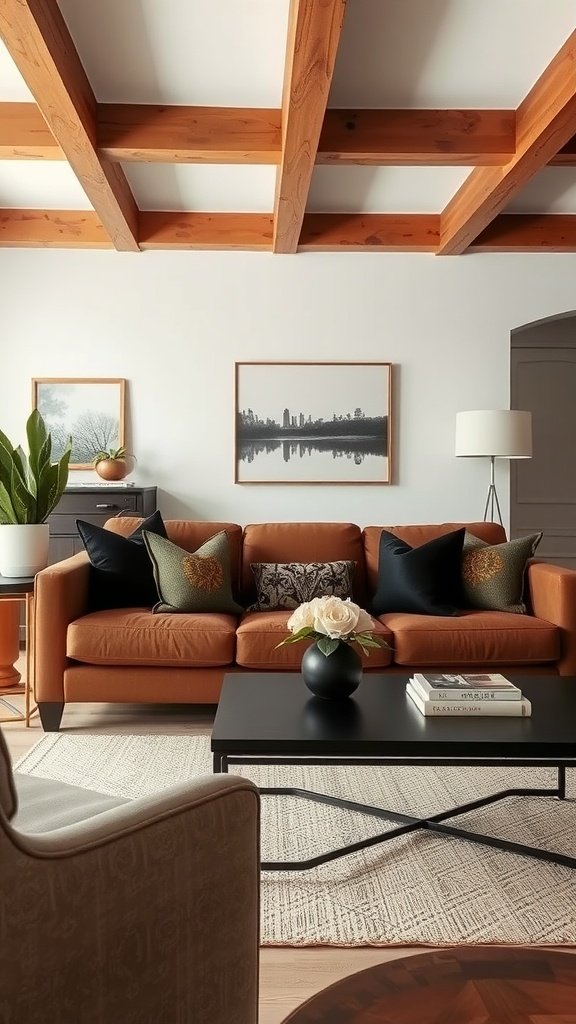 A chic living room featuring a brown couch, decorative pillows, a black coffee table, and wooden beams on the ceiling.