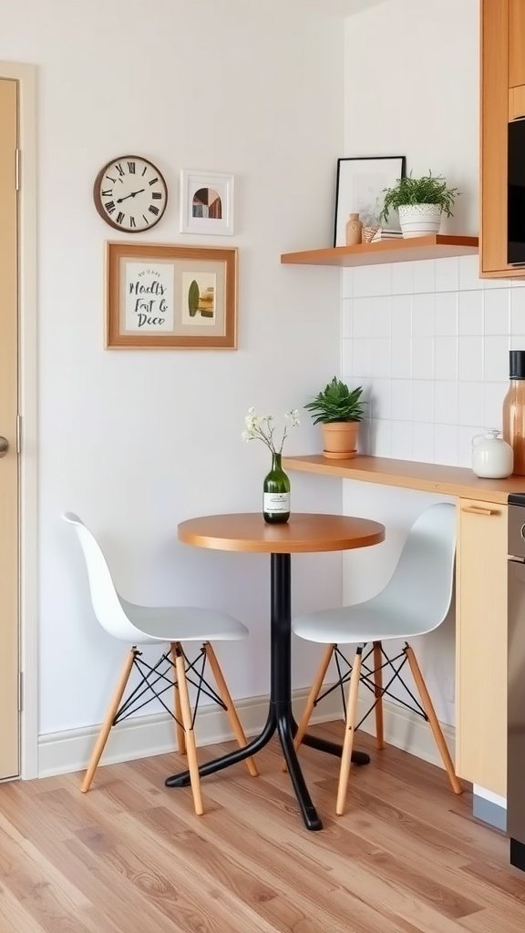 A compact dining set in a small kitchen with a round table and two chairs, decorated with plants and wall art.