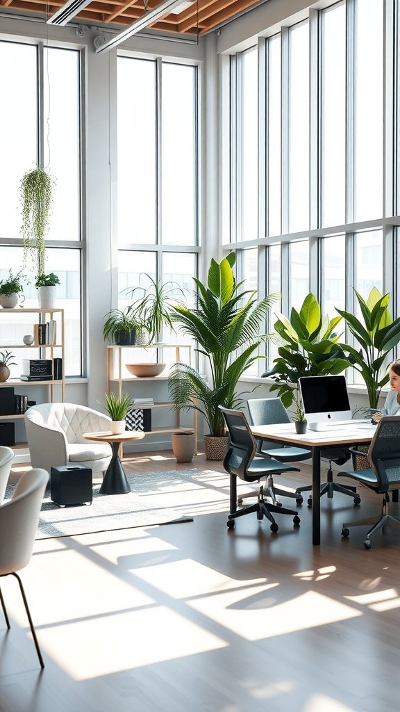 A bright and modern shared workspace featuring large windows, plants, and a neutral color theme.
