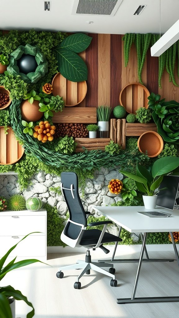 An office space featuring a nature-inspired accent wall with greenery, wooden elements, and plant decor.