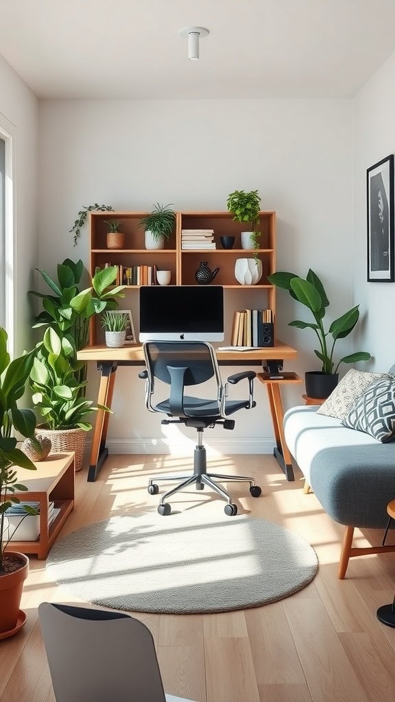 Cozy small home office setup with plants, desk, and storage.