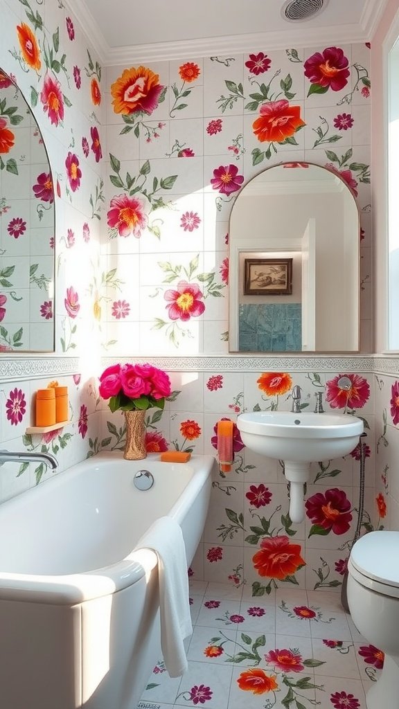 A vibrant bathroom with floral tiles featuring colorful flowers on the walls and floor, creating a lively and cheerful atmosphere.