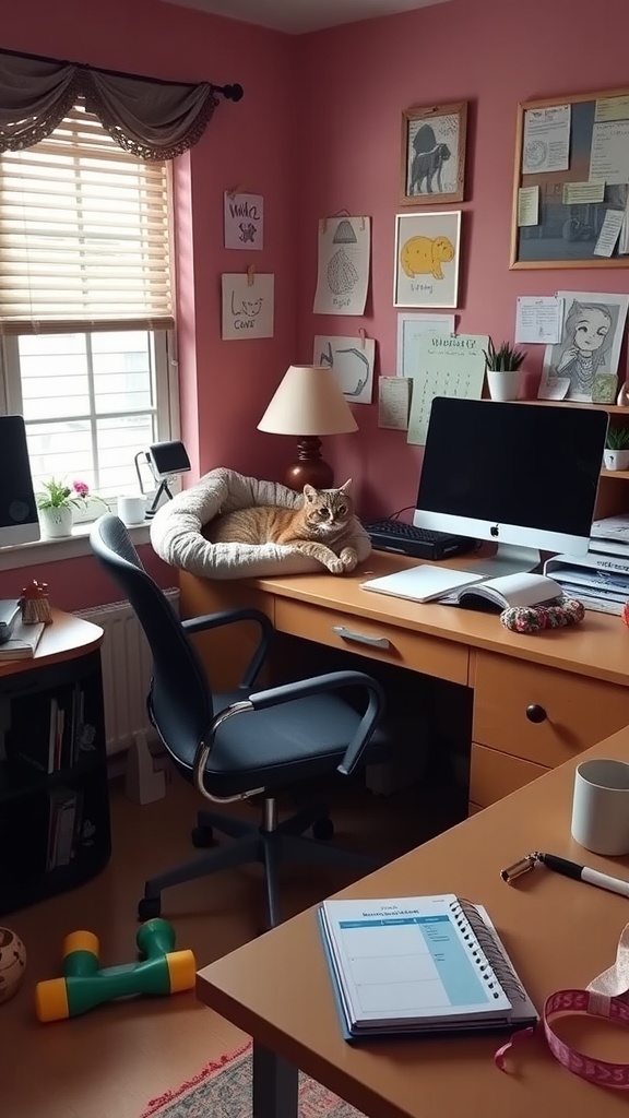 A cozy home office featuring a cat in a pet bed, highlighting the importance of considering pets in home office design.