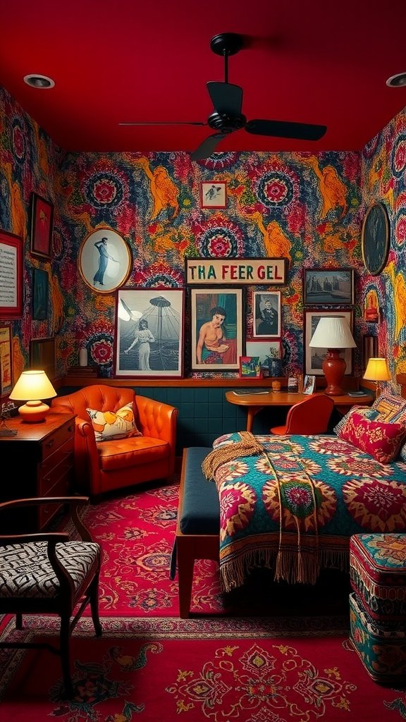 A funky retro bedroom with bold patterned wallpaper, red ceiling, colorful furniture, and various art pieces.
