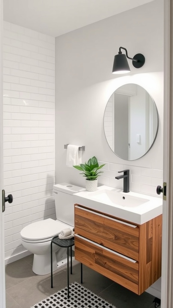 A modern bathroom featuring a wood detailed Ikea Ehnet vanity, round mirror, and stylish fixtures.