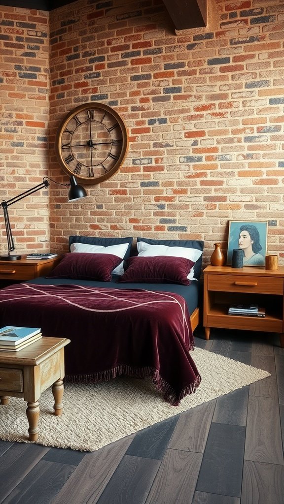 A modern industrial bedroom featuring an exposed brick wall, a cozy bed with a burgundy blanket, and wooden furniture.