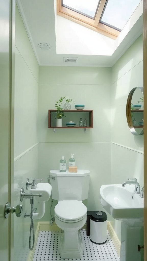 Small bathroom painted in light green with a skylight, showcasing a clean and airy design.