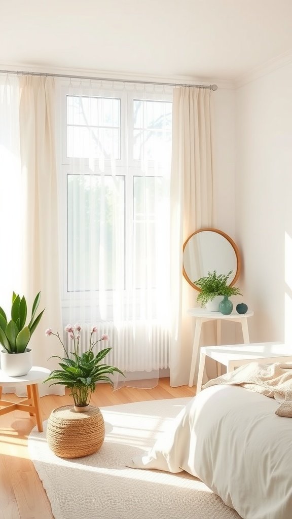 Minimalist spring bedroom featuring large windows, plants, and light decor