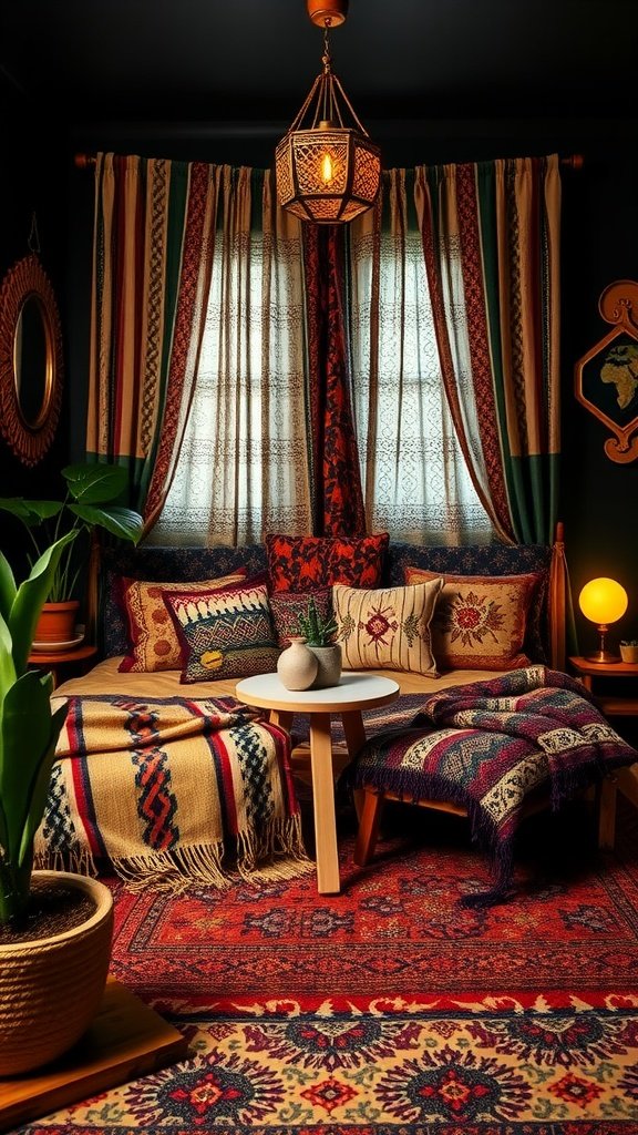 A cozy dark boho bedroom featuring mismatched textiles, combining colorful patterns and warm lighting.