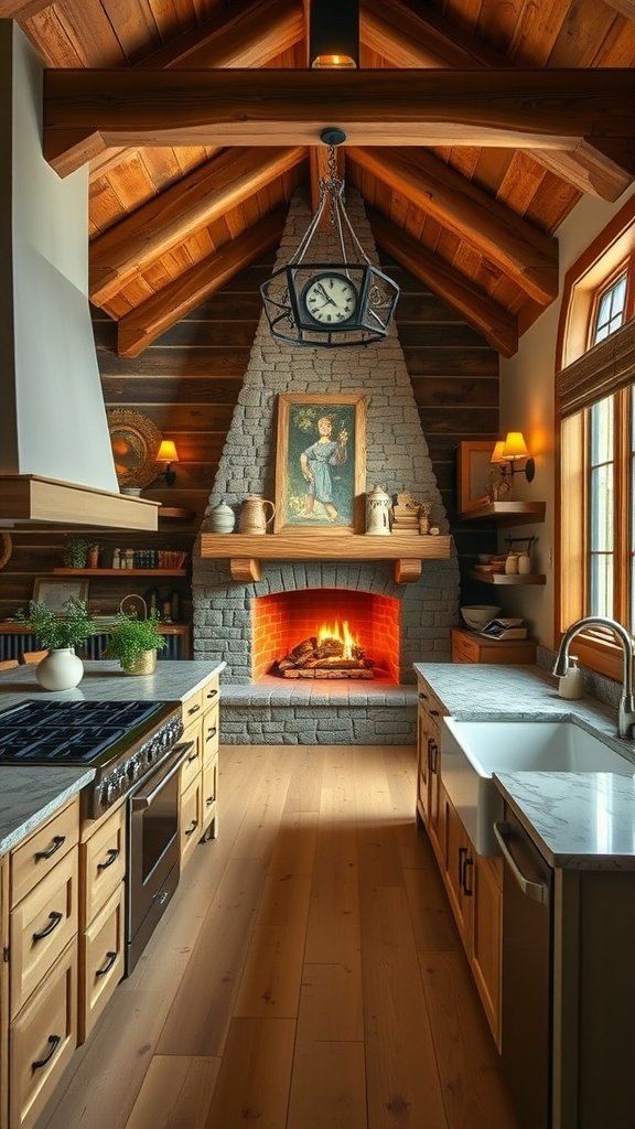 A cozy mountain home kitchen with rustic wooden ceiling, stone fireplace, and modern appliances.