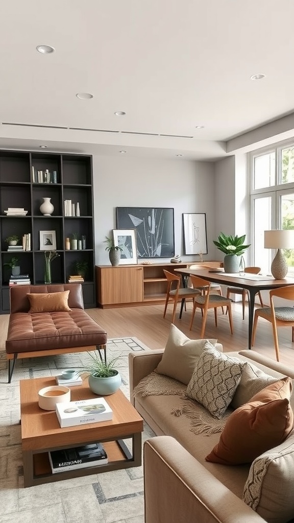 A modern living room and dining area featuring a cozy sofa, stylish coffee table, and elegant dining table with chairs.