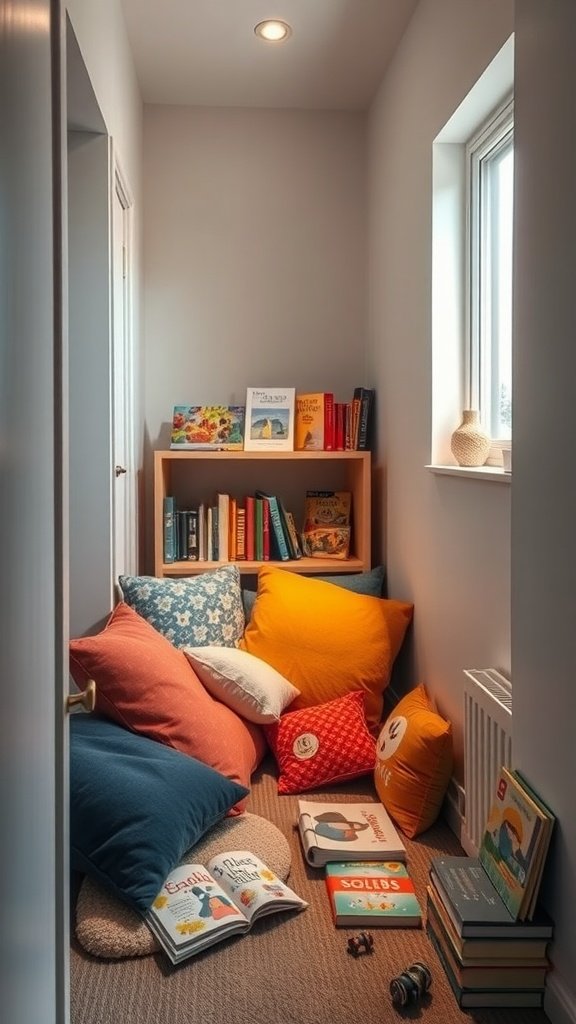 A cozy narrow space reading nook with colorful cushions and a small bookshelf filled with books.