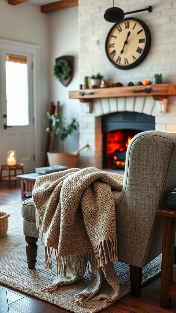 A cozy living room featuring a soft throw blanket draped over a chair, a fireplace, and a clock on the wall.