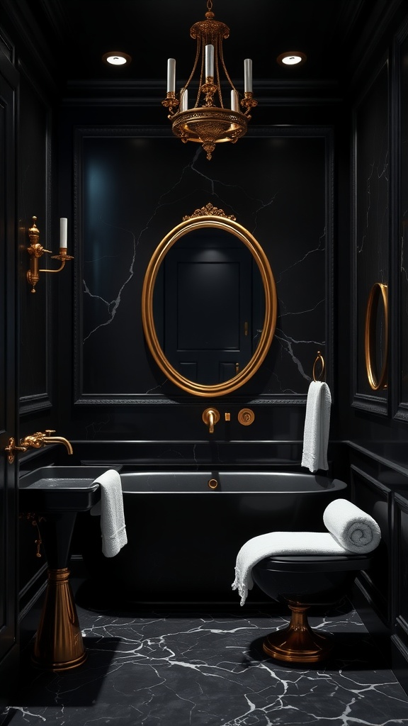 Luxurious black bathroom with gold accents, featuring a chandelier, round mirror, and stylish fixtures.