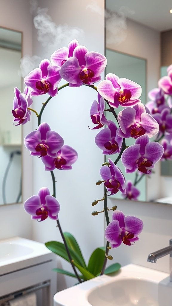 A vibrant purple orchid plant in a modern bathroom setting, reflecting in the mirrors.