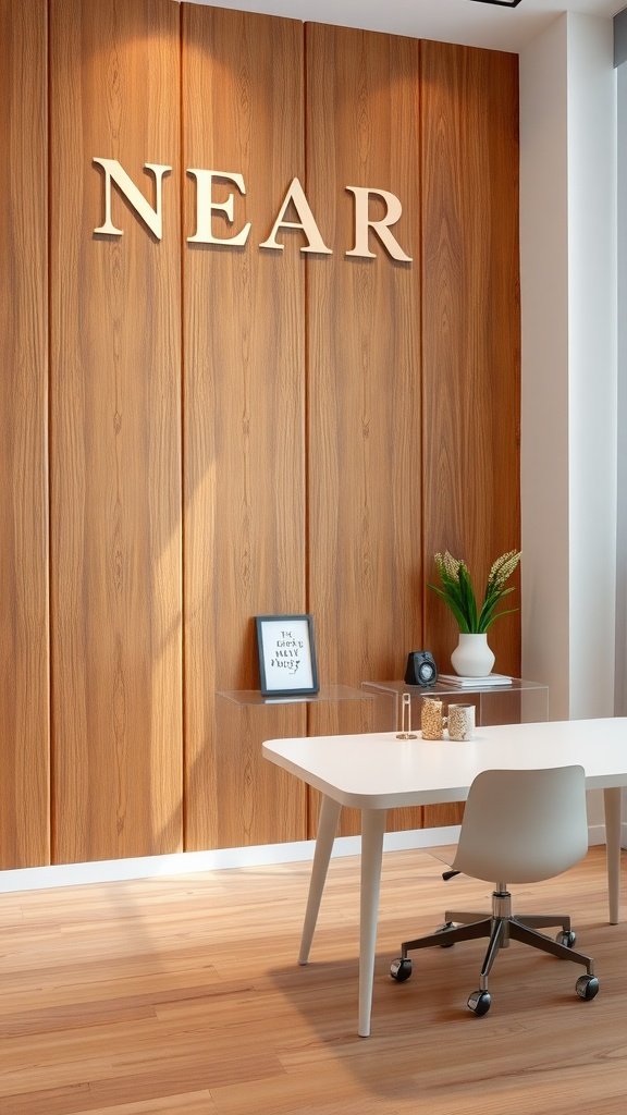 An office space featuring wood paneling, a white desk, and a modern chair, with the word 'NEAR' displayed on the wall.