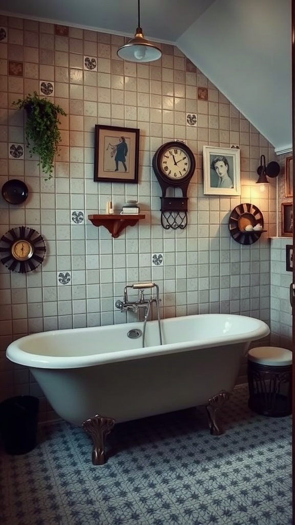 A stylish vintage bathroom featuring a clawfoot tub, decorative wall art, and unique tile flooring.