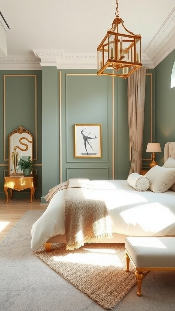 A stylish bedroom with sage green walls and gold accents, featuring a geometric chandelier, plush bedding, and decorative elements.