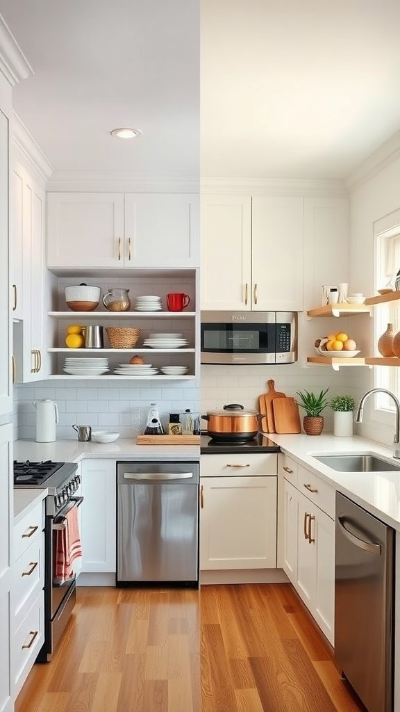 Before and after image of a small kitchen transformation showcasing improved brightness and organization.