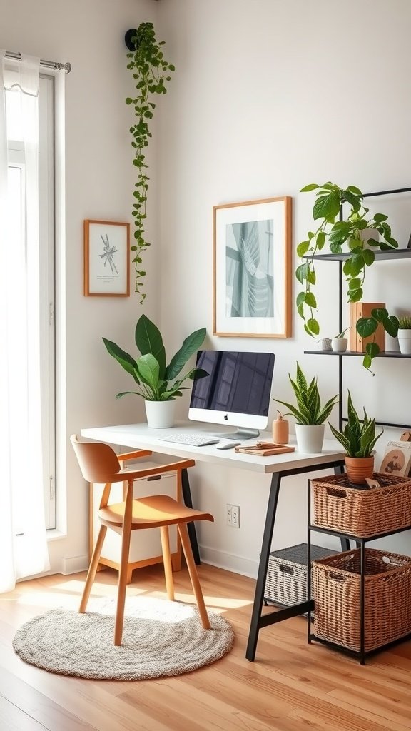 Bright home office with plants, a desk, and natural light