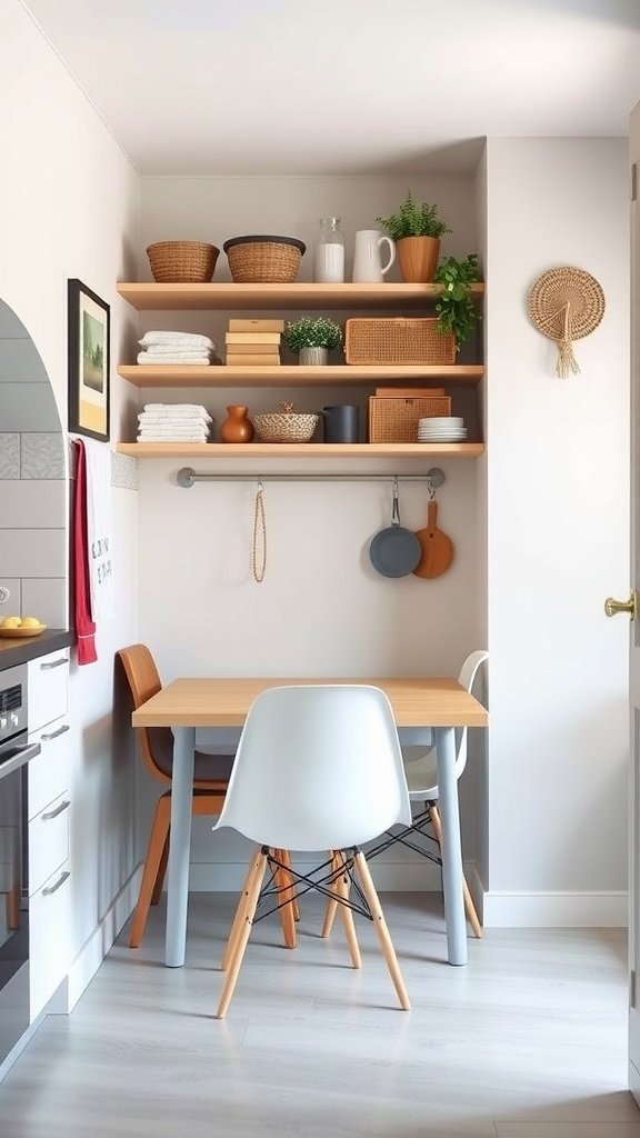 Cozy dining nook with a small wooden table, chairs, and open shelving above
