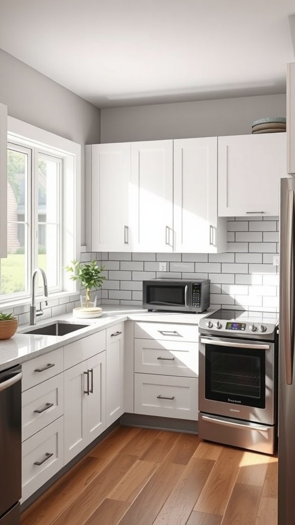 U-shaped kitchen featuring white subway tiles and modern cabinets