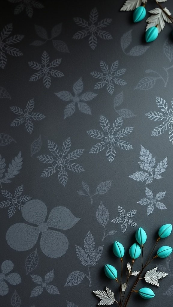 Turquoise accents on a charcoal gray background with leaf patterns