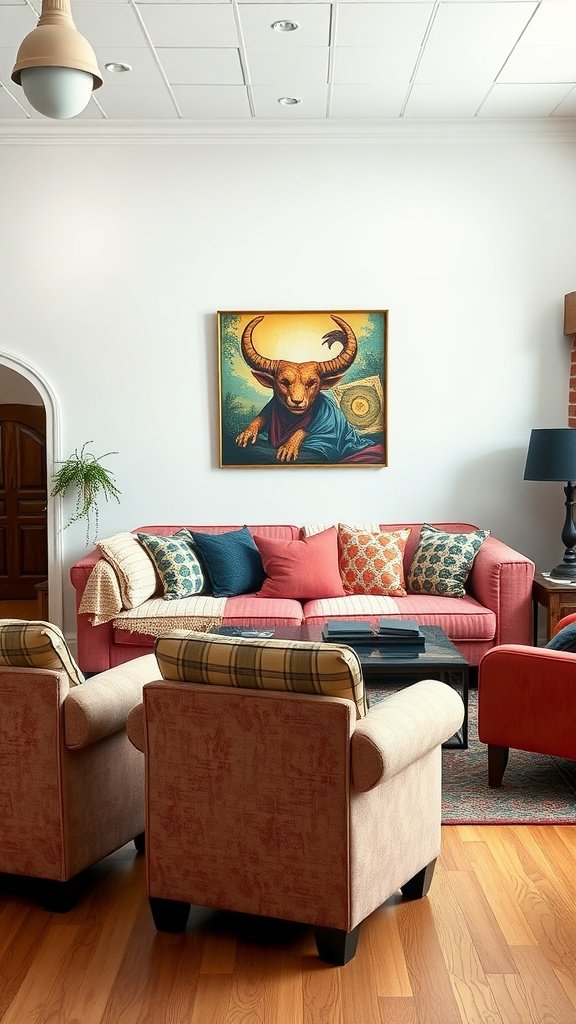 A cozy living room featuring colorful pillows on a red couch, surrounded by beige armchairs and a unique painting on the wall.