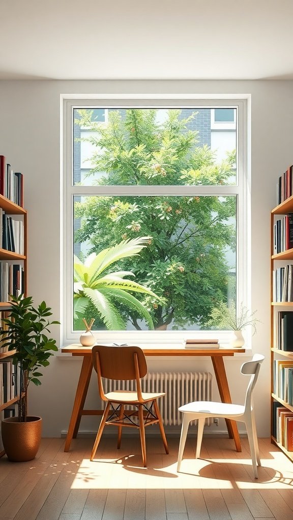 A minimalist study with a wooden desk, two chairs, and bookshelves, featuring a large window with a view of green trees.